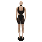 New button sleeveless solid color mesh pants two-piece suit BC3023