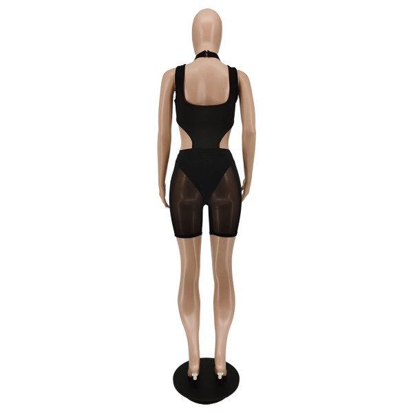 New button sleeveless solid color mesh pants two-piece suit BC3023