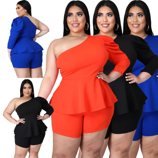 Plus size women's one-shoulder puff sleeve shorts two-piece suit HY005