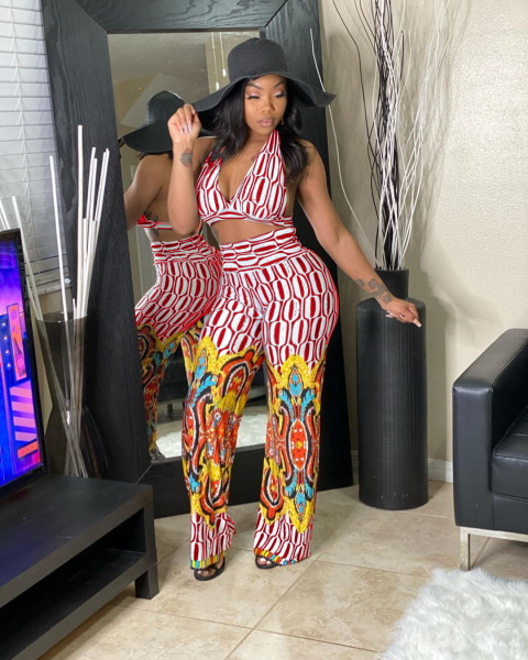 Fashion hanging neck wrapped chest flared pants positioning printing two-piece suit N6021