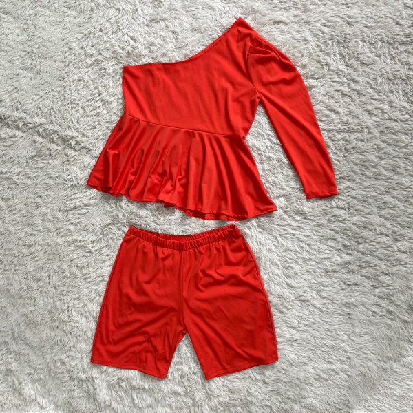 Plus size women's one-shoulder puff sleeve shorts two-piece suit HY005