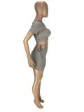Fashion small pit strip solid color round neck short-sleeved shorts two-piece set WJ5225