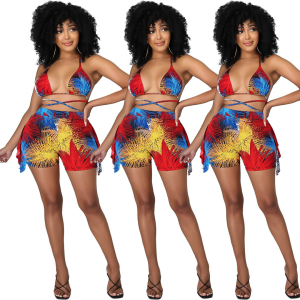 Fashion leisure two-piece bikini swimsuit with printed wood ears A5073