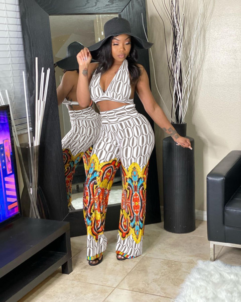 Fashion hanging neck wrapped chest flared pants positioning printing two-piece suit N6021