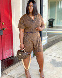 V-neck Printed Denim Pocket Jumpsuit Shorts HY5223