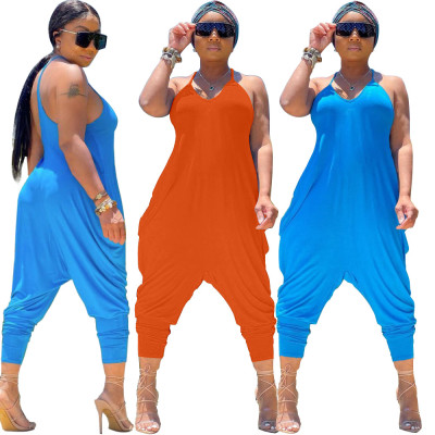 Solid color harem pants type irregular loose jumpsuit HY5229