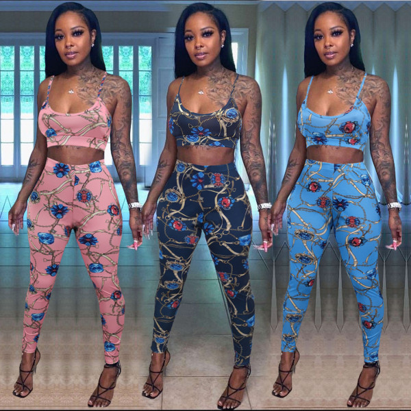 Fashion women's printed chest wrap suspender trousers two-piece suit N6025
