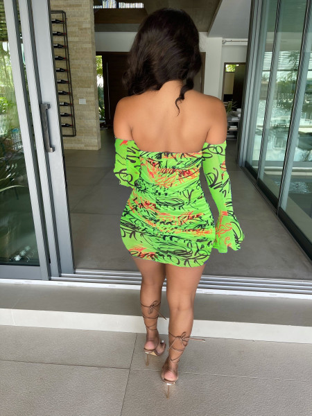 Summer Fashion Print Elastic Flare Sleeve Dress BC3024