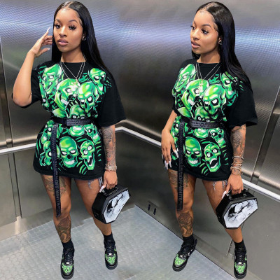 Digital positioning printing skull casual dress N6024
