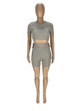Fashion small pit strip solid color round neck short-sleeved shorts two-piece set WJ5225