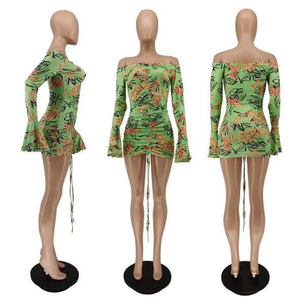 Summer Fashion Print Elastic Flare Sleeve Dress BC3024