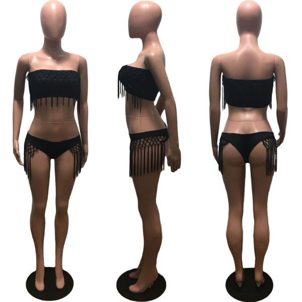 Solid color sexy tassel 2 piece swimsuit OMM1105