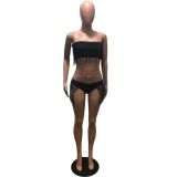 Solid color sexy tassel 2 piece swimsuit OMM1105
