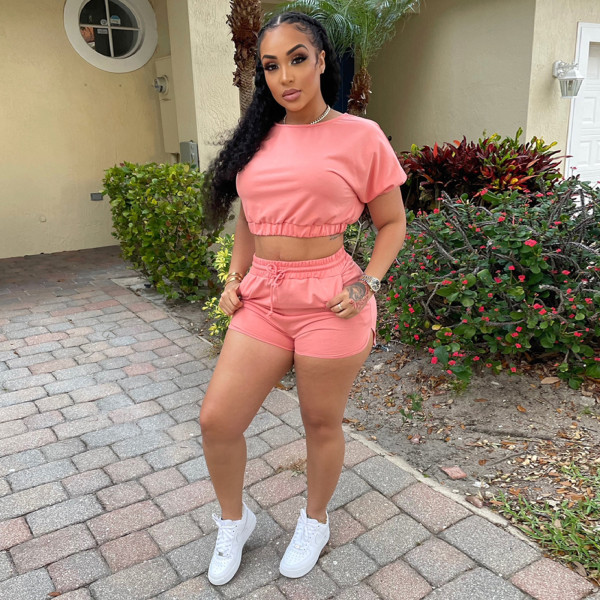 Pure color casual sports jogging shorts two-piece suit L8179
