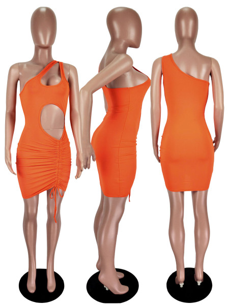 Solid color drawstring sleeveless fashionable sexy hollow dress XM1076