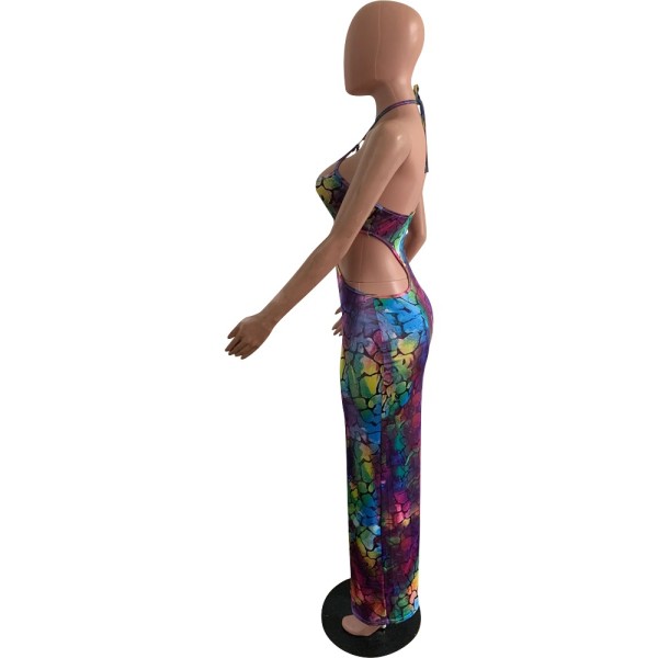 Sexy Printed Slim Hollow Long Skirt Dress L740
