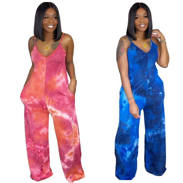 Fashion casual tie-dye printed suspender trousers wide-leg pants XM1191