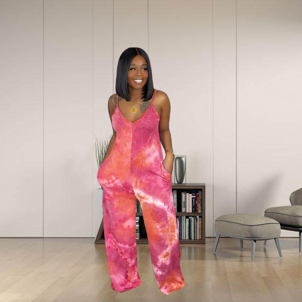 Fashion casual tie-dye printed suspender trousers wide-leg pants XM1191