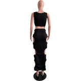 Sleeveless V-neck Vest Hollow Skirt Set L743