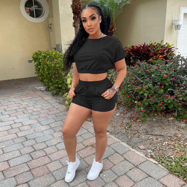 Pure color casual sports jogging shorts two-piece suit L8179