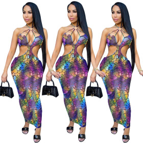 Sexy Printed Slim Hollow Long Skirt Dress L740