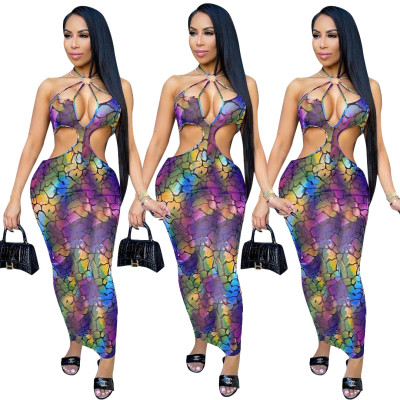 Sexy Printed Slim Hollow Long Skirt Dress L740