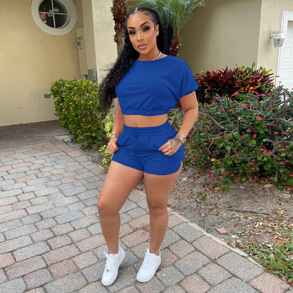 Pure color casual sports jogging shorts two-piece suit L8179