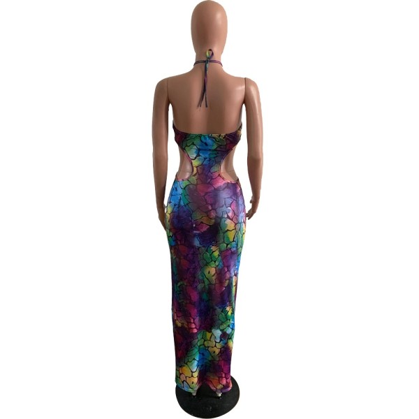 Sexy Printed Slim Hollow Long Skirt Dress L740