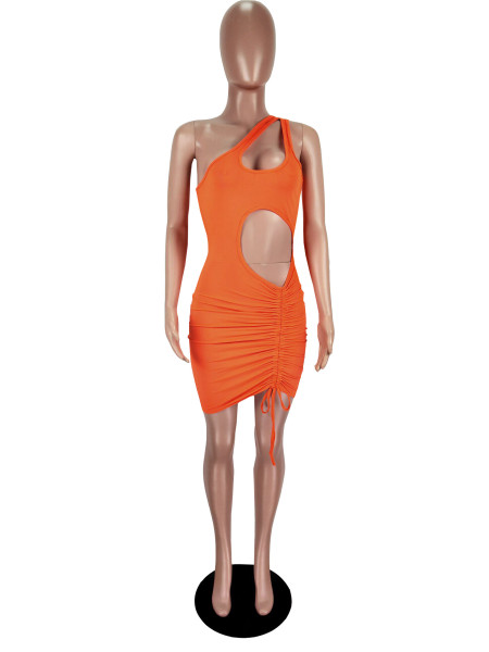 Solid color drawstring sleeveless fashionable sexy hollow dress XM1076