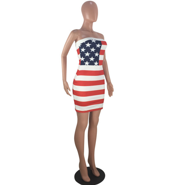 Sexy national flag print wrapped chest striped dress LD98052