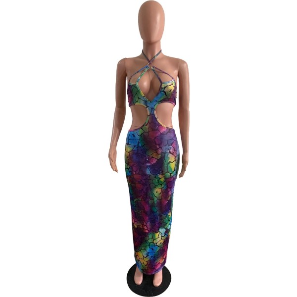 Sexy Printed Slim Hollow Long Skirt Dress L740