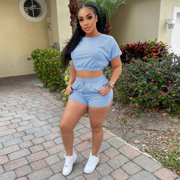 Pure color casual sports jogging shorts two-piece suit L8179