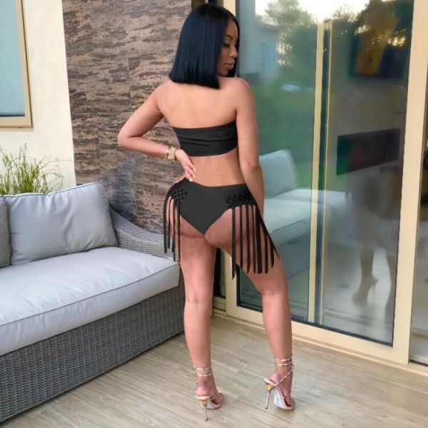 Solid color sexy tassel 2 piece swimsuit OMM1105