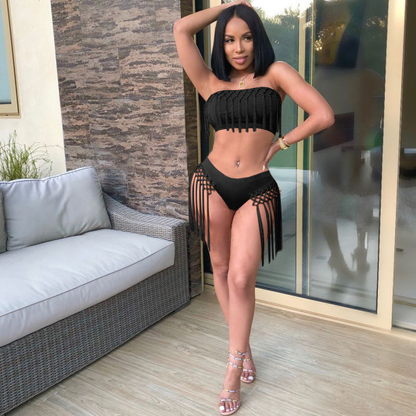 Solid color sexy tassel 2 piece swimsuit OMM1105