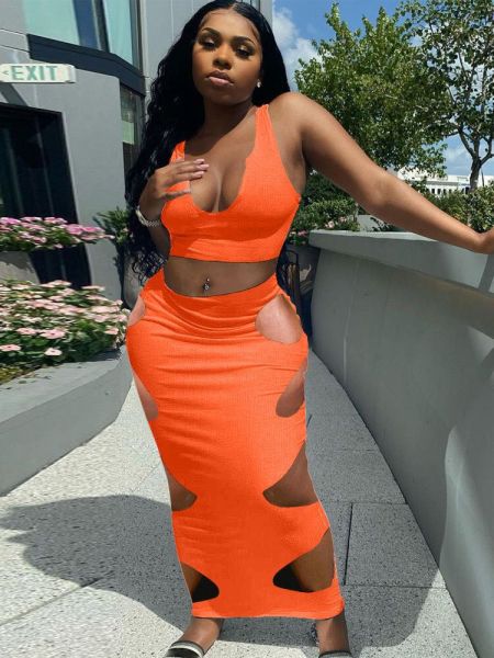 Sleeveless V-neck Vest Hollow Skirt Set L743