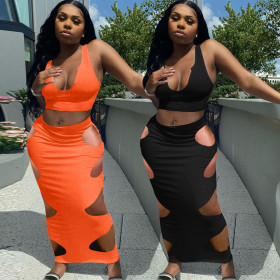 Sleeveless V-neck Vest Hollow Skirt Set L743