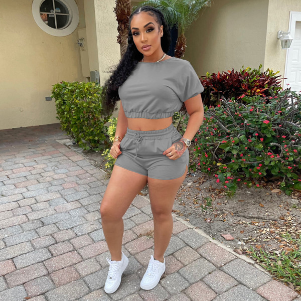 Pure color casual sports jogging shorts two-piece suit L8179