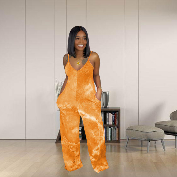 Fashion casual tie-dye printed suspender trousers wide-leg pants XM1191