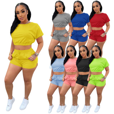 Pure color casual sports jogging shorts two-piece suit L8179