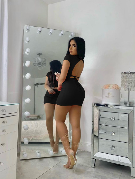 Fashion sexy solid color tight-fitting halter strap two-piece suit LY9301