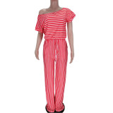 Sexy women's loose printed striped jumpsuit cl6042