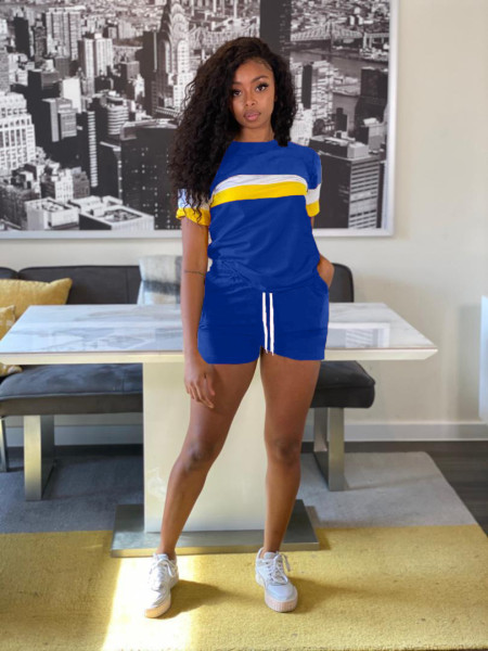 Multi-contrast color stitching casual sports two-piece suit LM8240