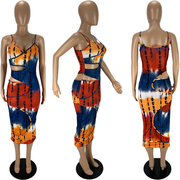 Sexy fashionable hollow stained printed cotton dress LY9304