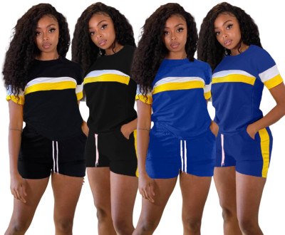 Multi-contrast color stitching casual sports two-piece suit LM8240
