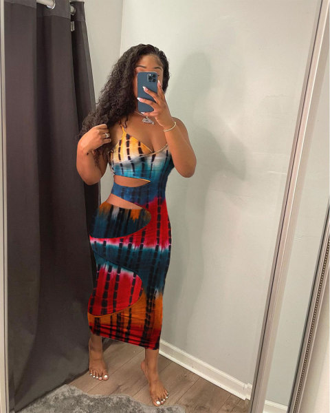 Sexy fashionable hollow stained printed cotton dress LY9304