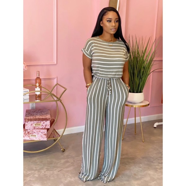 Sexy women's loose printed striped jumpsuit cl6042