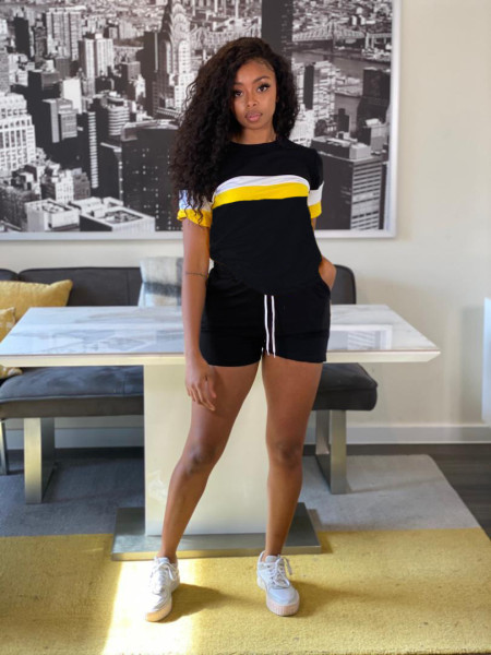 Multi-contrast color stitching casual sports two-piece suit LM8240