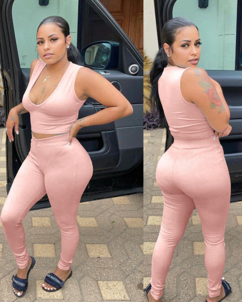 Sexy fashion solid color pit strip two-piece suit LY9310