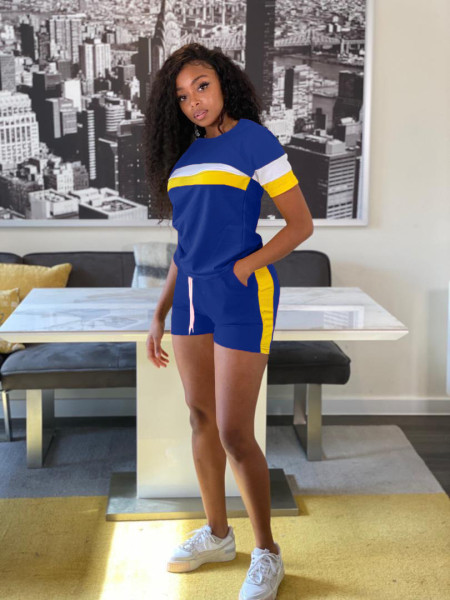 Multi-contrast color stitching casual sports two-piece suit LM8240