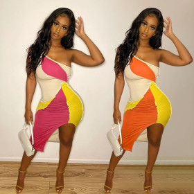 Fashion sexy stitching strapless dress LY9306